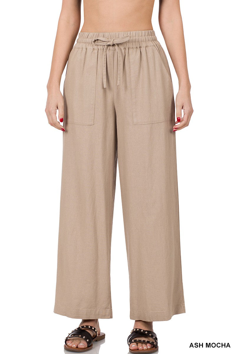 Linen Drawstring Waist Pants With Pockets