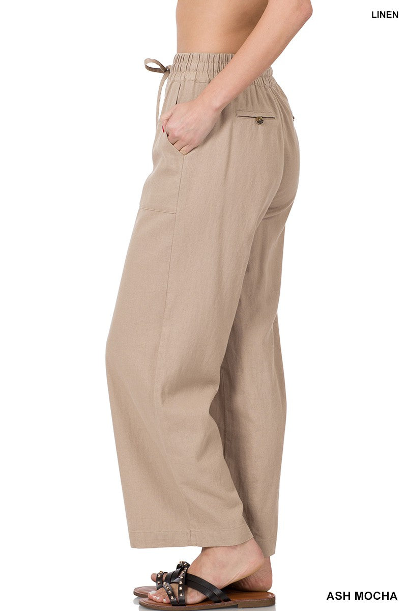 Linen Drawstring Waist Pants With Pockets