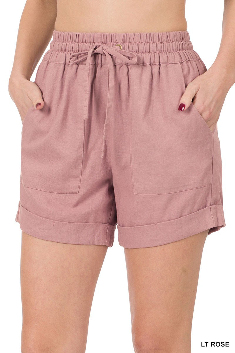 Black Linen Drawstring Waist Shorts With Pockets