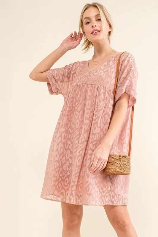 Mauve And The Why Woven Leopard Baby Doll Roll Sleeve Casual Dress