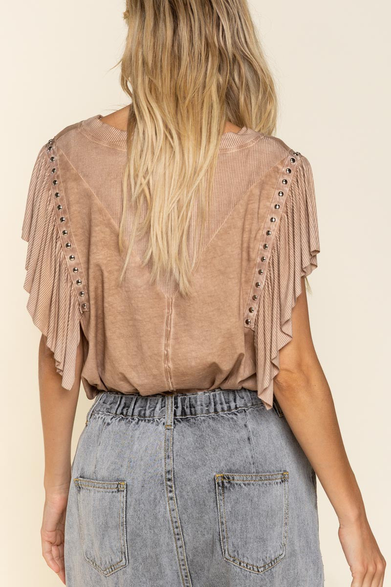 Stone Brown Studded Flutter Sleeve T Shirt