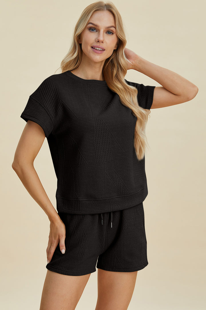 Brown Double Take Full Size Texture Short Sleeve Top And Shorts Set