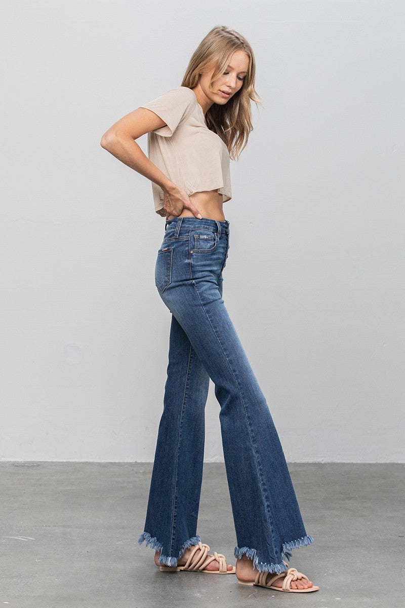 Button Fly Fray Hem Flare Jeans 1