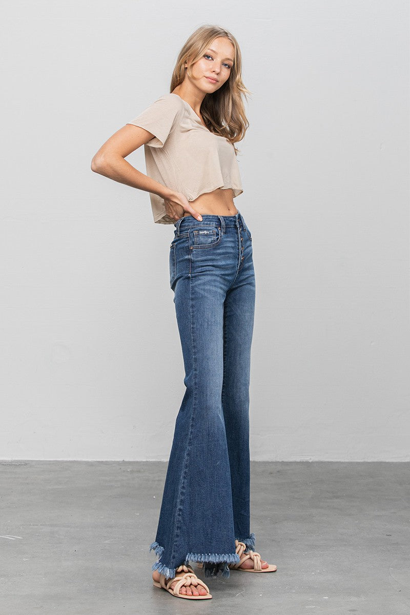 Button Fly Fray Hem Flare Jeans 1