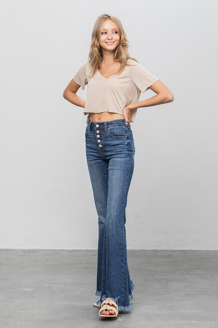 Button Fly Fray Hem Flare Jeans 1