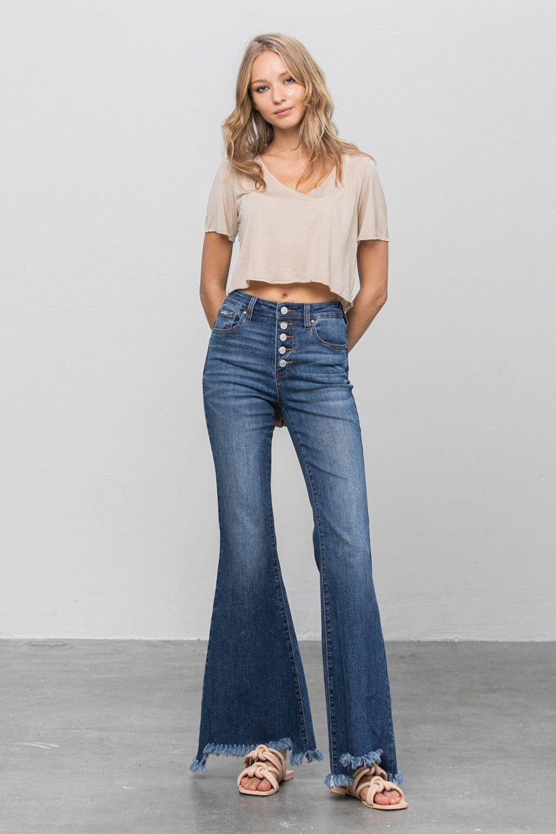 Button Fly Fray Hem Flare Jeans 1
