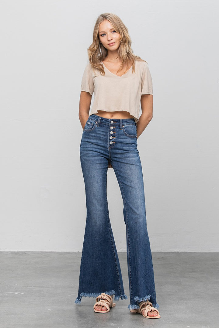 Button Fly Fray Hem Flare Jeans 1