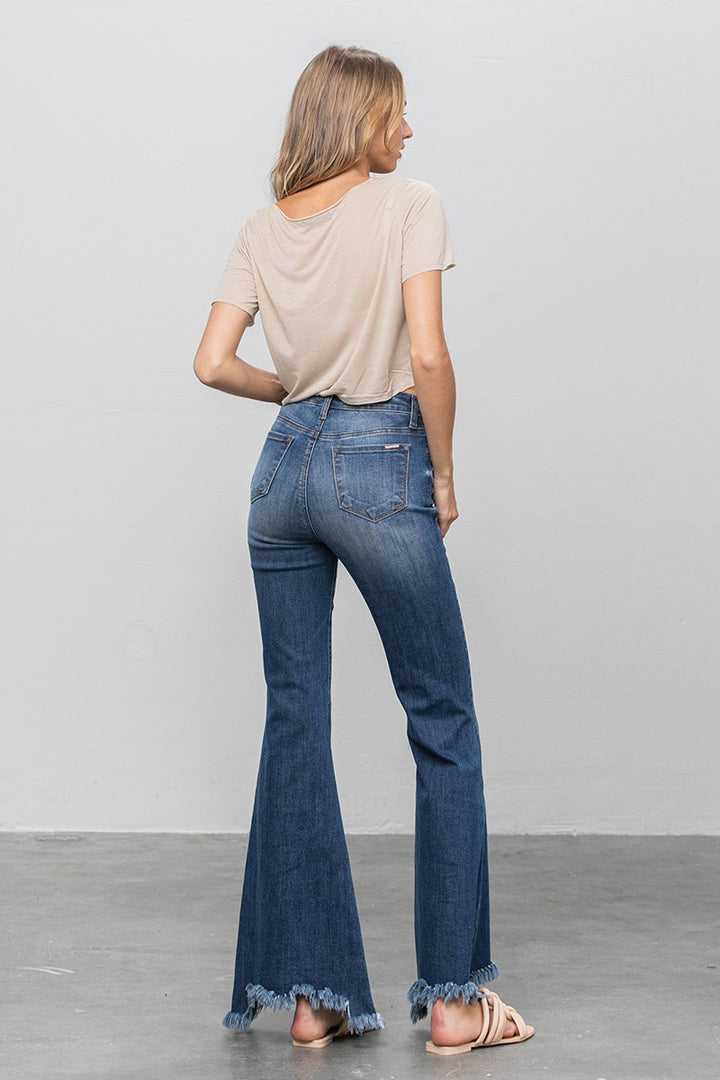 Button Fly Fray Hem Flare Jeans 1