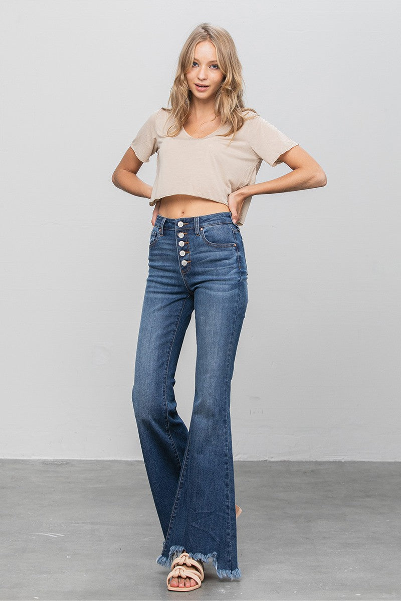 Button Fly Fray Hem Flare Jeans 1