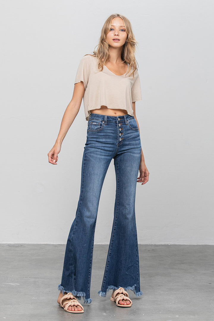 Button Fly Fray Hem Flare Jeans 1