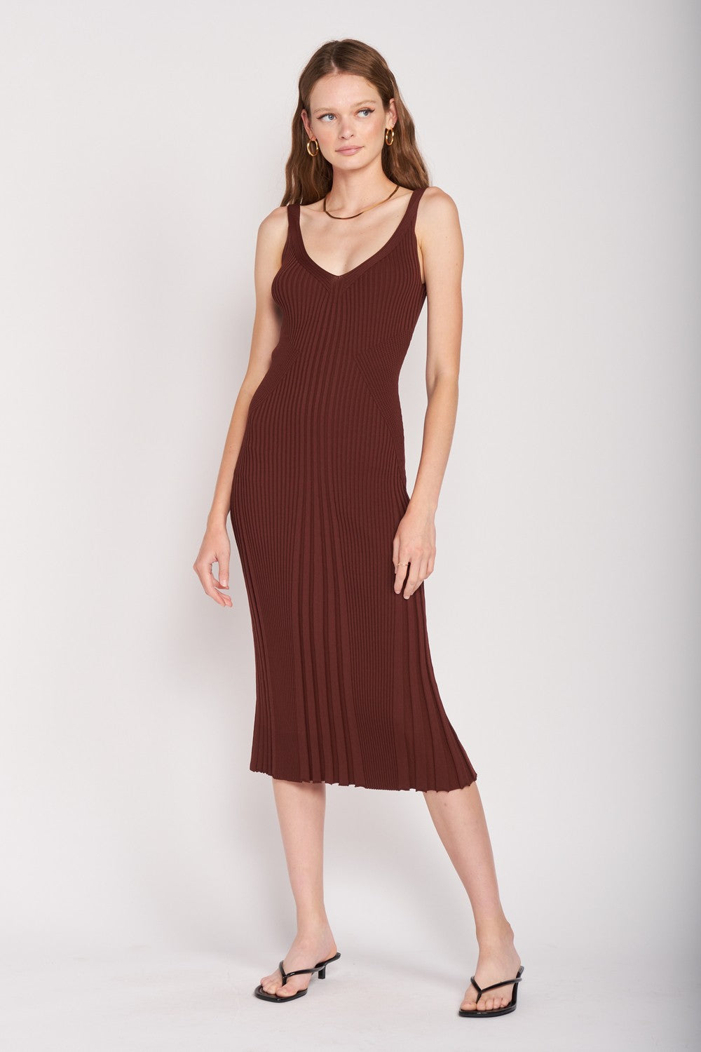 CHOCOLATE V Neck Ribbed Midi Dress With Open Back