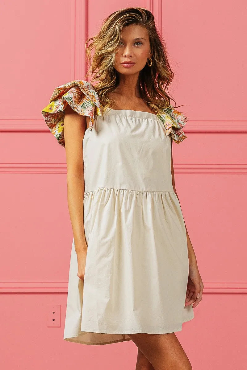 Oatmeal Bibi Flower Embroidered Floral Print Sleeve Dress