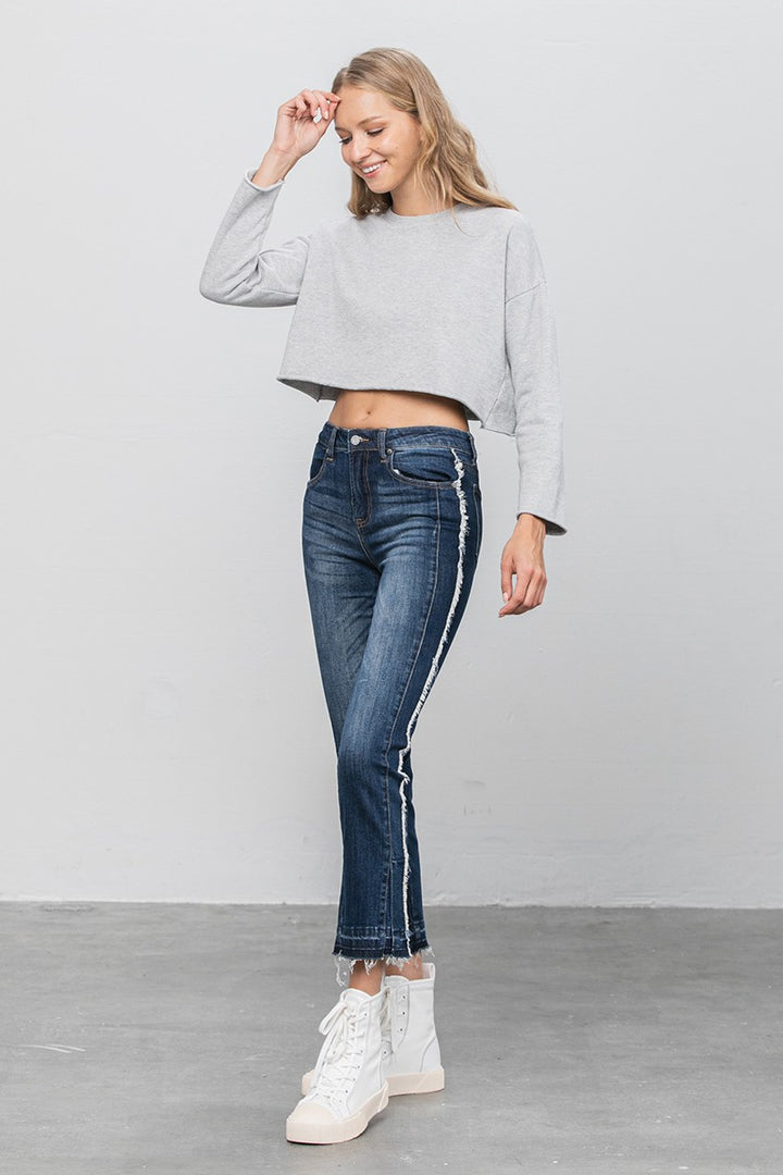 Dark Frayed Hem Cropped Straight Jeans