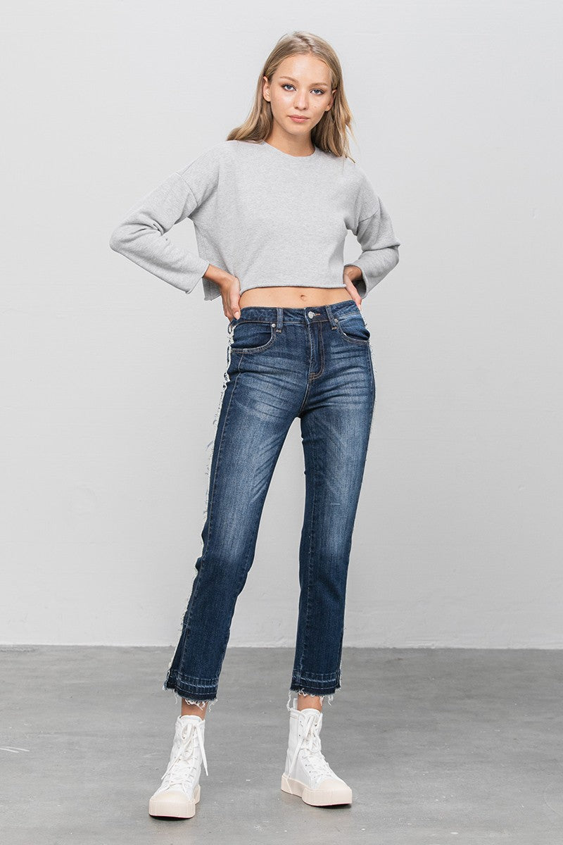 Dark Frayed Hem Cropped Straight Jeans