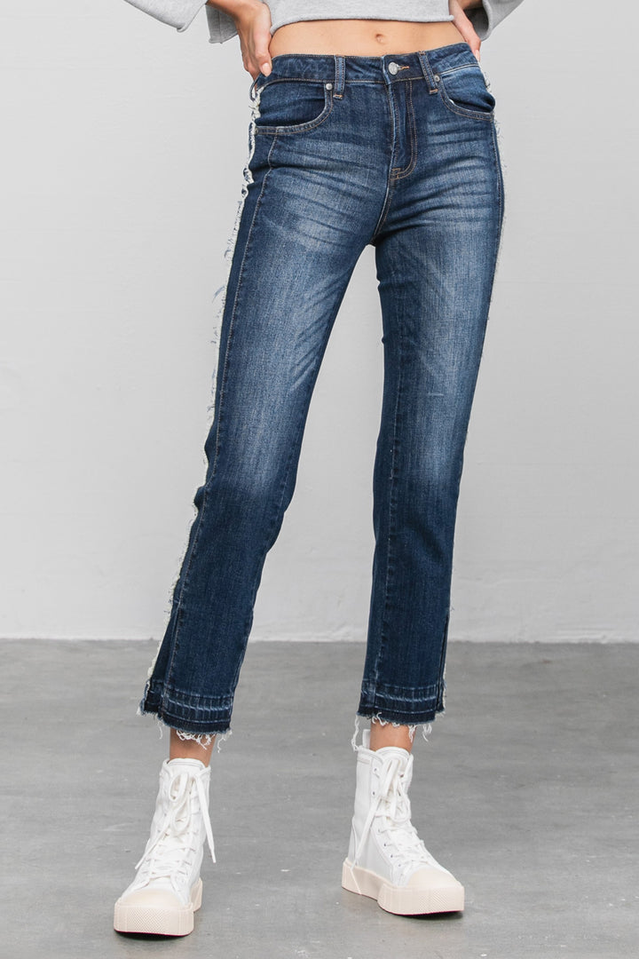 Dark Frayed Hem Cropped Straight Jeans