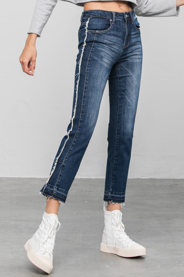 Dark Frayed Hem Cropped Straight Jeans