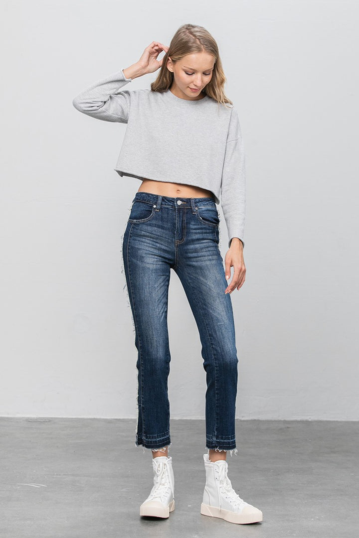 Dark Frayed Hem Cropped Straight Jeans