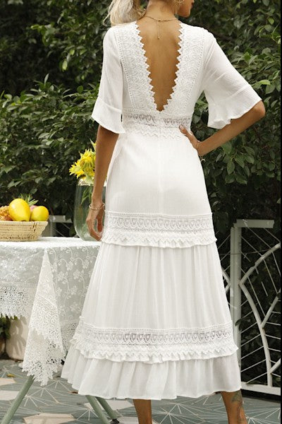 White V Neck Maxi Dress With Lace Detailing