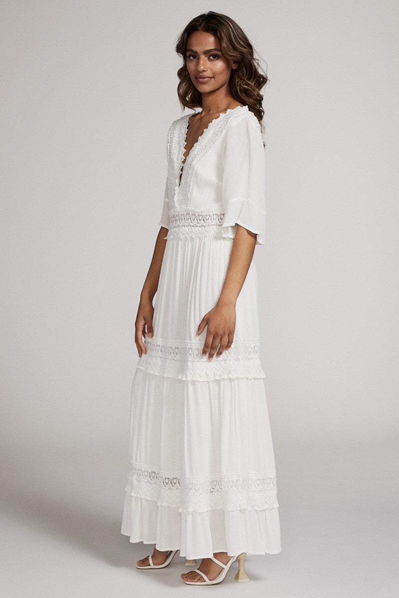 White V Neck Maxi Dress With Lace Detailing