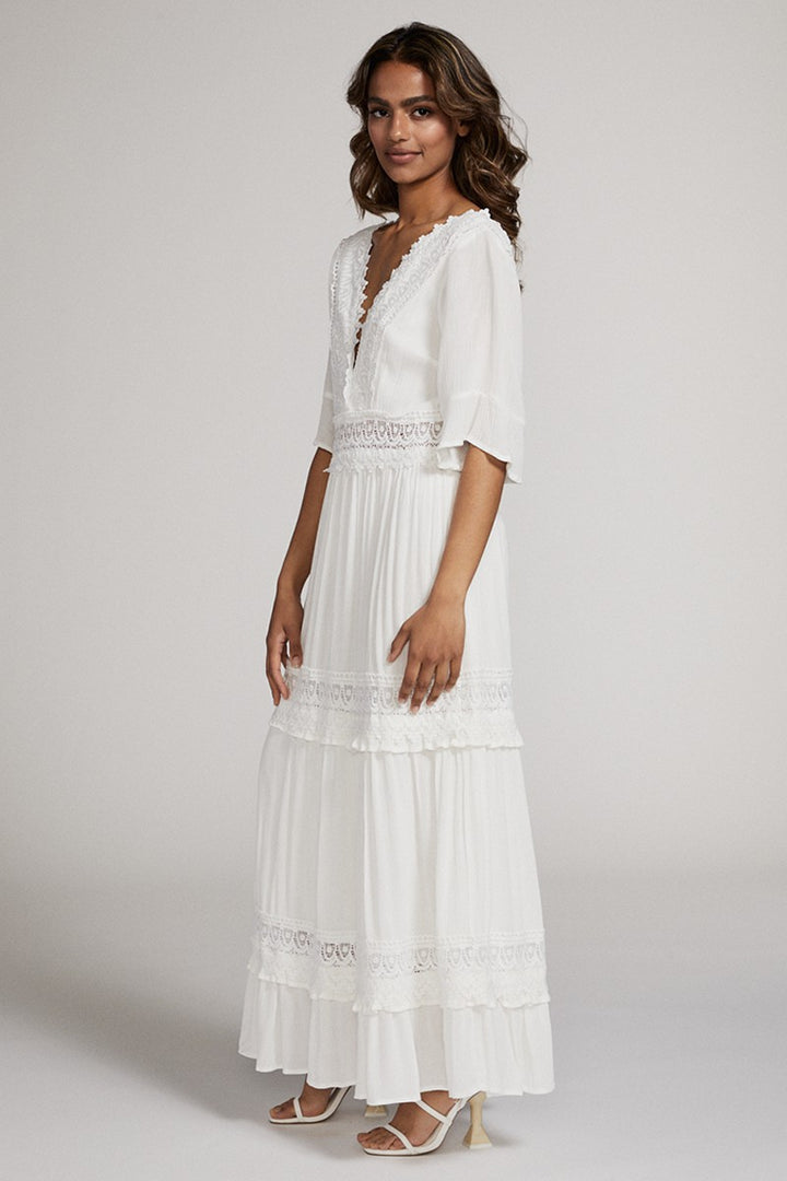 White V Neck Maxi Dress With Lace Detailing