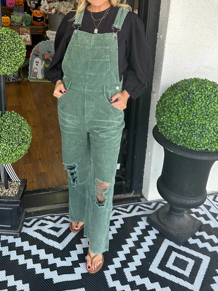 Green Distressed Wide Leg Corduroy Overalls