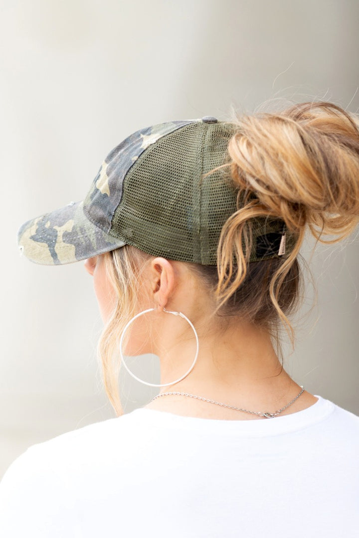 Ponyflo Camo Distressed Messy Bun Cap Hat