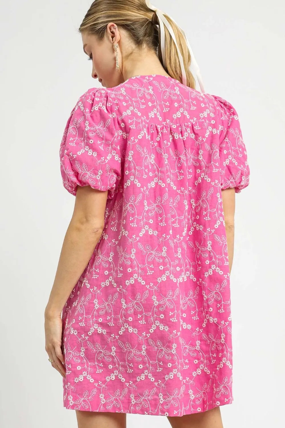 Hot Pink Umgee Floral Puff Sleeve V Neck Mini Dress