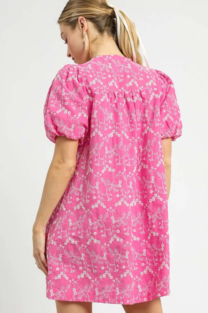 Hot Pink Umgee Floral Puff Sleeve V Neck Mini Dress