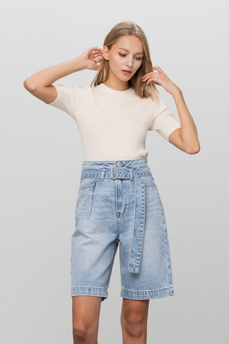 Light Blue Wash Belted Denim Bermudas