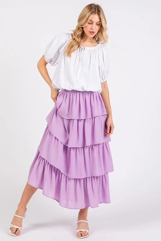 Lavender Mittoshop Chiffon Ruffle Layer Elastic Waist Midi Skirt