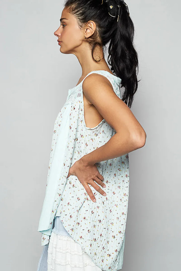 Mint Blue Pol Floral Print Button Front Lace Patchwork Tank Top