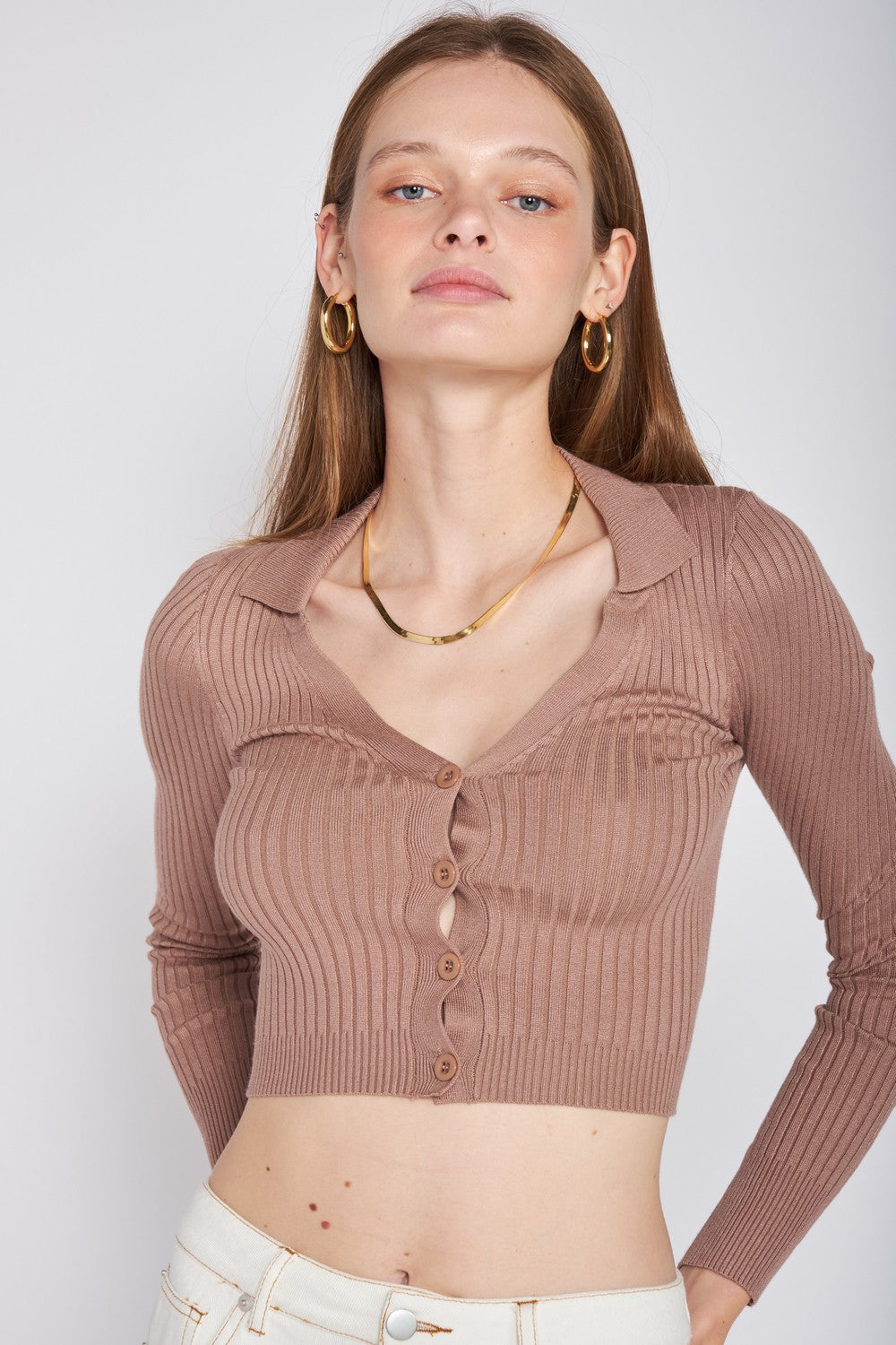 Oatmeal Ribbed Button Down Crop Cardigan