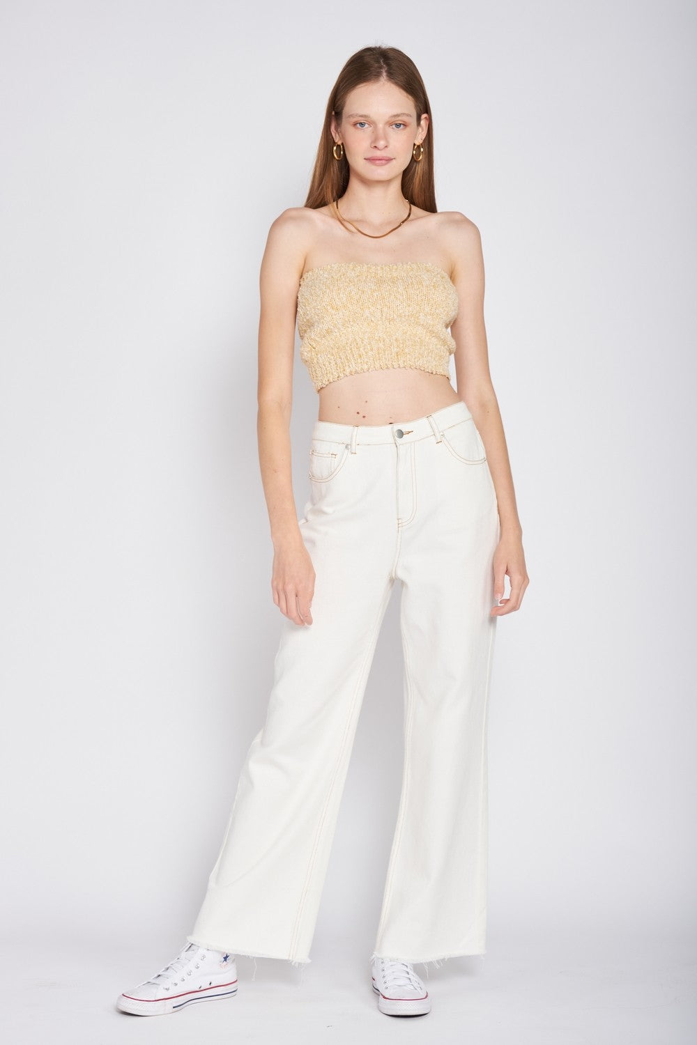 Ivory Elastic Waistband Fringed Tube Top