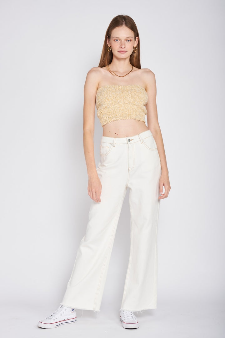 Ivory Elastic Waistband Fringed Tube Top