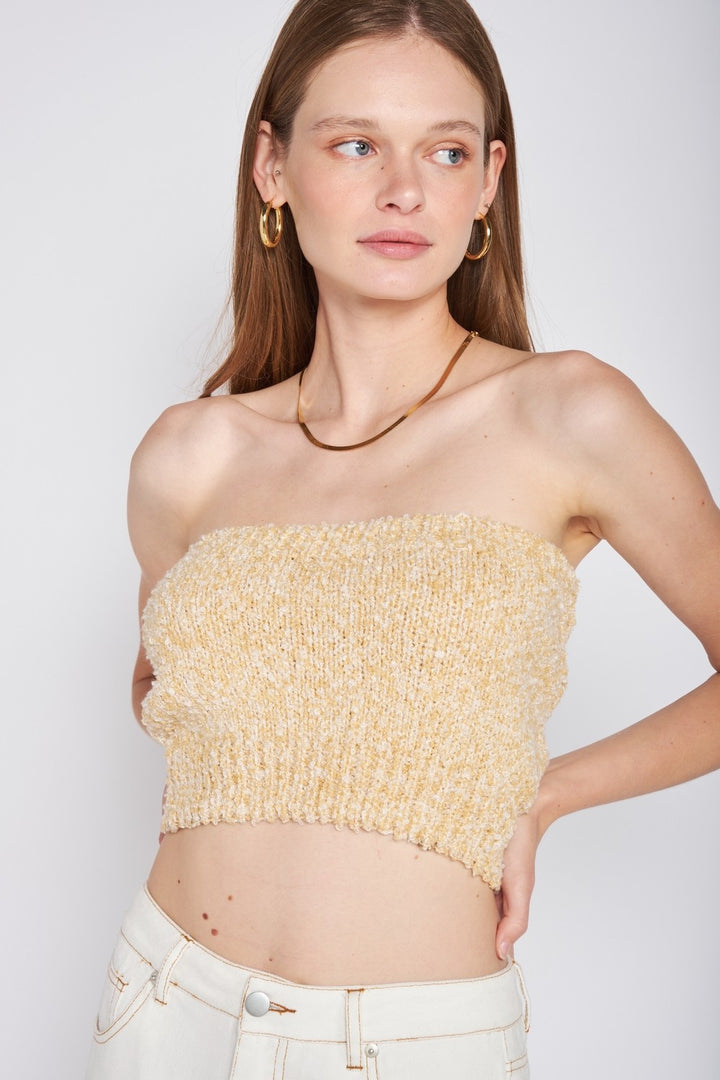 Yellow Elastic Waistband Fringed Tube Top