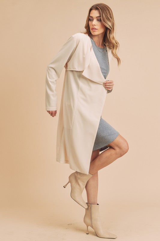 Ivory Aemi Co Open Front Long Sleeve Longline Coat