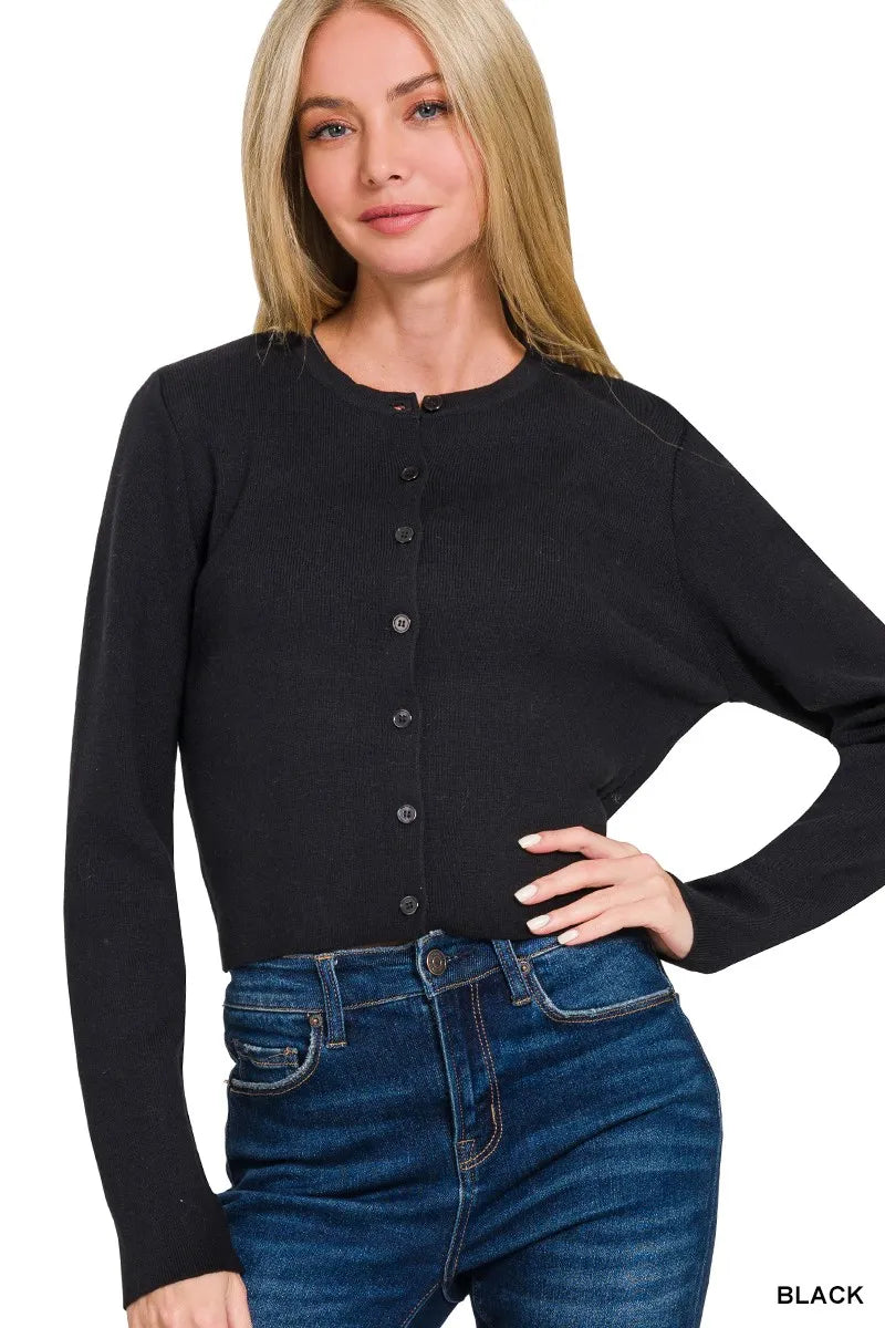 Black Zenana Button Front Crewneck Long Sleeve Cropped Cardigan 1