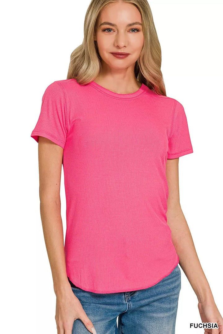 Fuchsia Zenana Ribbed Curved Hem Round Neck Tee