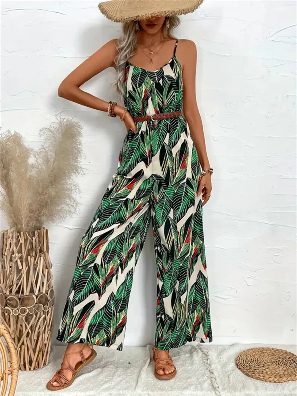 Dark Green Tropical Print Spaghetti Strap Wide Leg Jumpsuit