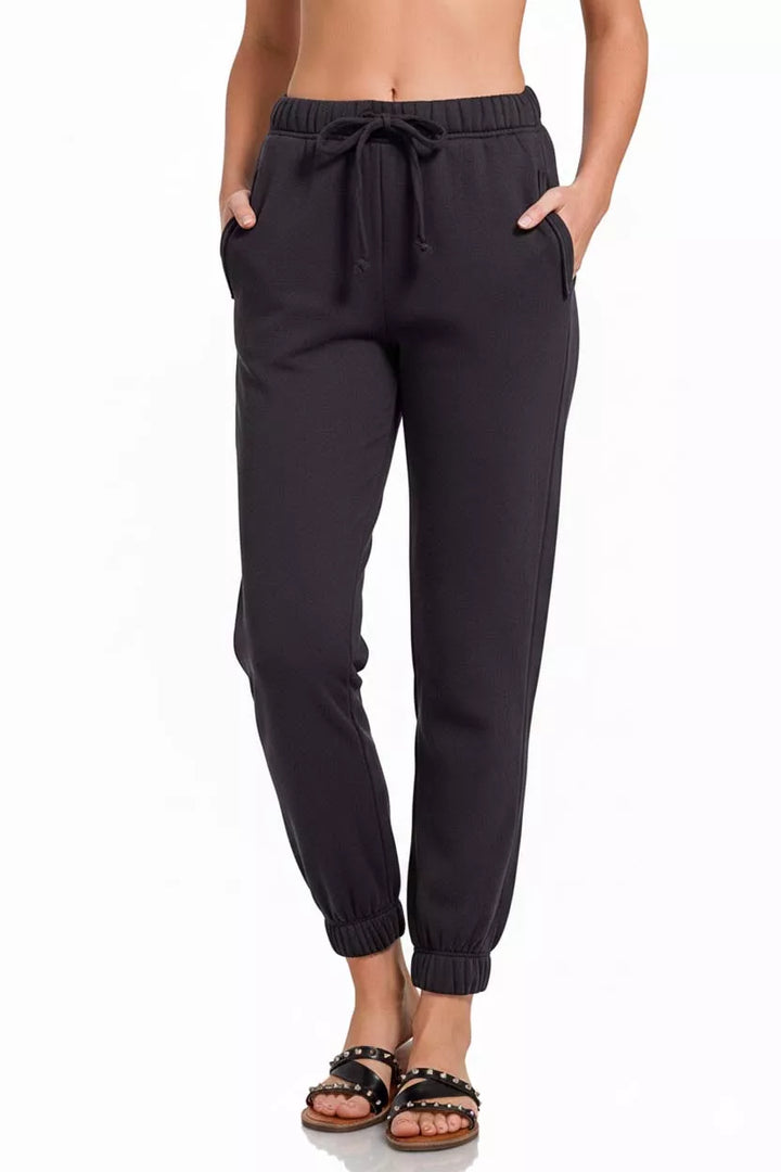 Black Zenana Fleece Drawstring Joggers With Pocket