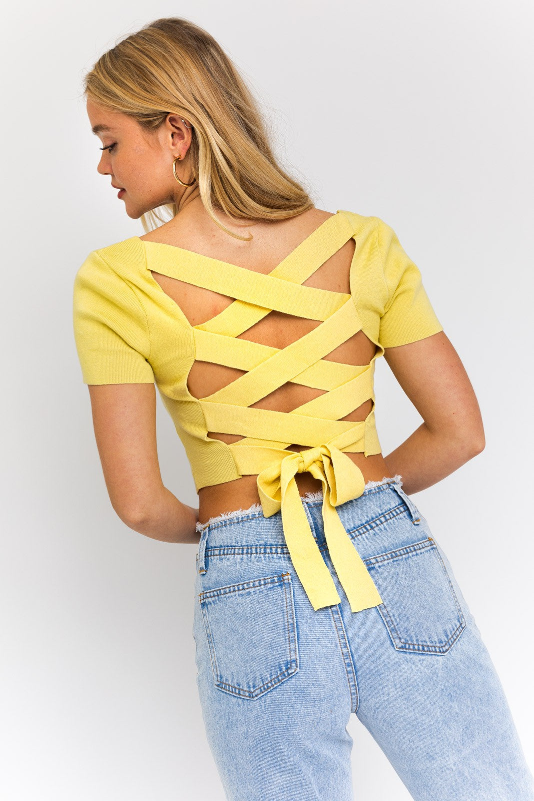 Off White Short Sleeve Criss Cross Back Knit Top