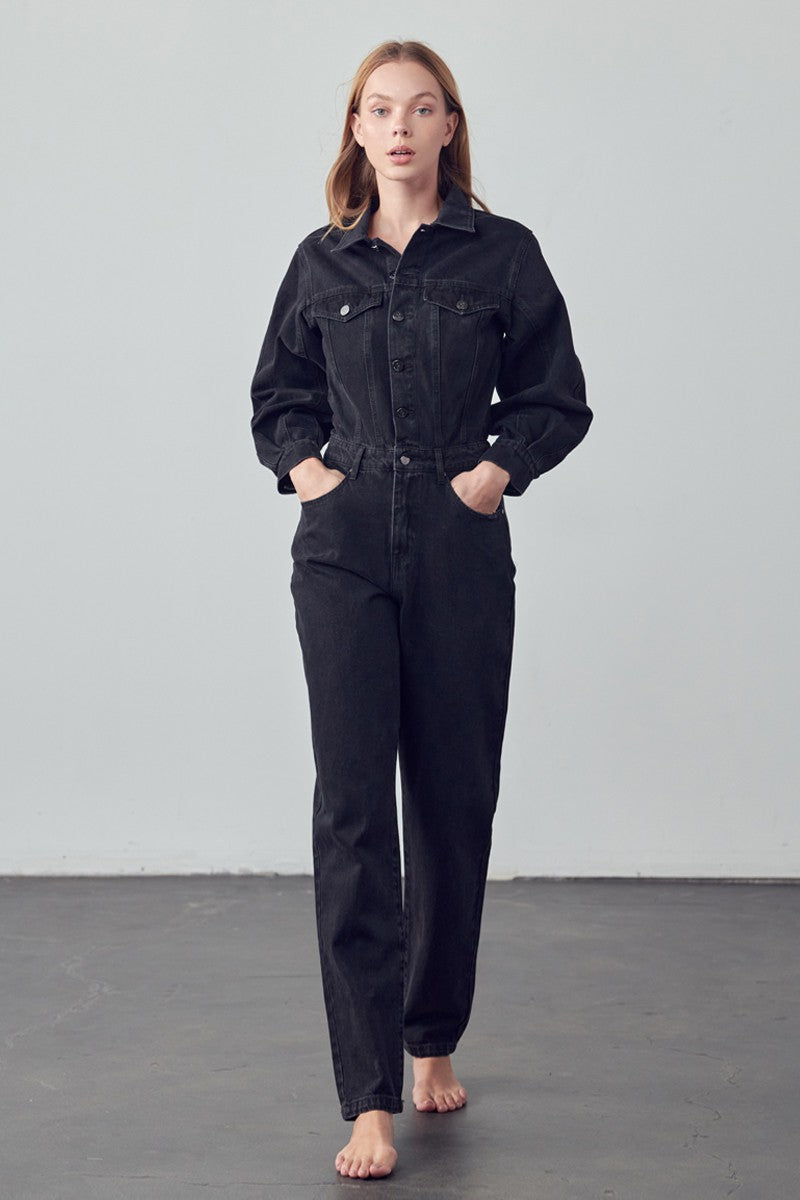 BLACK High Waist Flap Pocket Half Button Denim Jumpsuit