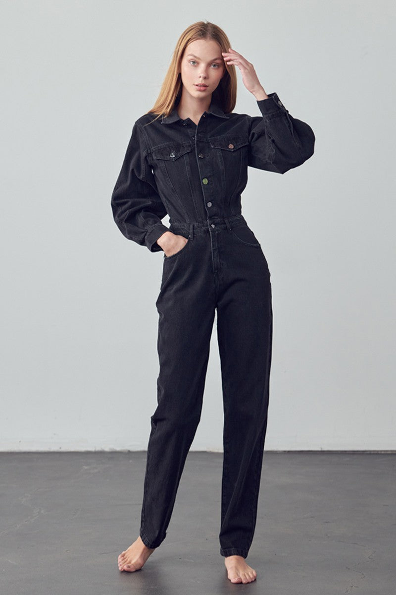BLACK High Waist Flap Pocket Half Button Denim Jumpsuit