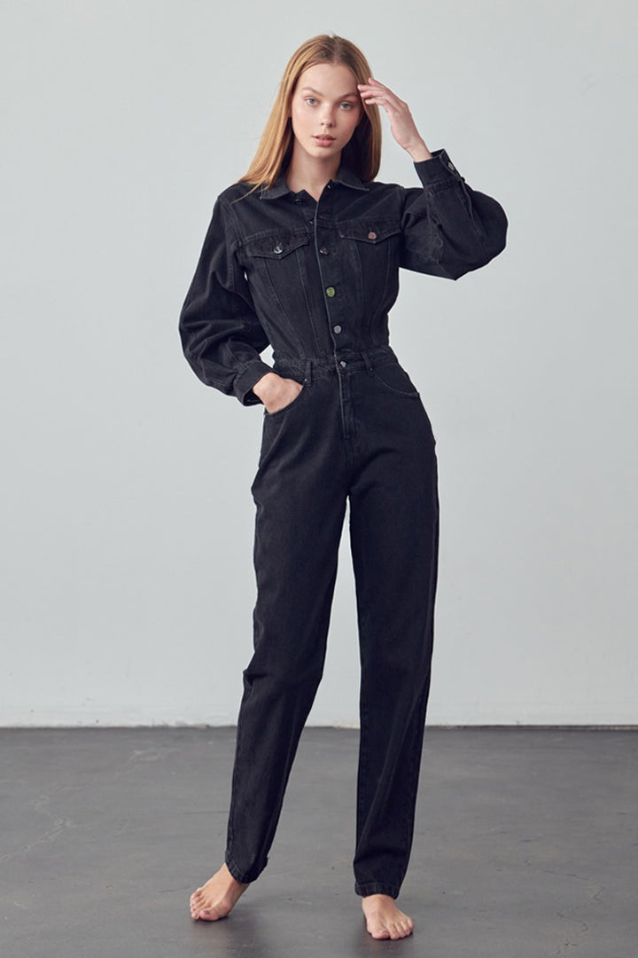 BLACK High Waist Flap Pocket Half Button Denim Jumpsuit