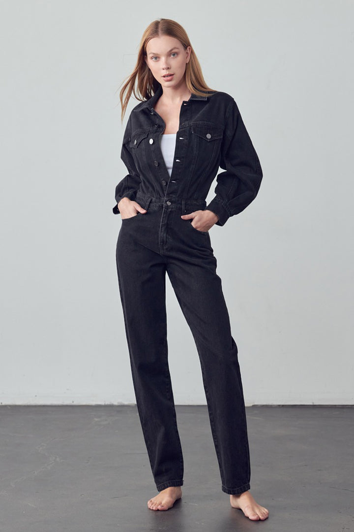 BLACK High Waist Flap Pocket Half Button Denim Jumpsuit