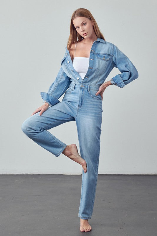 High Waist Flap Pocket Half Button Denim Jumpsuit 1