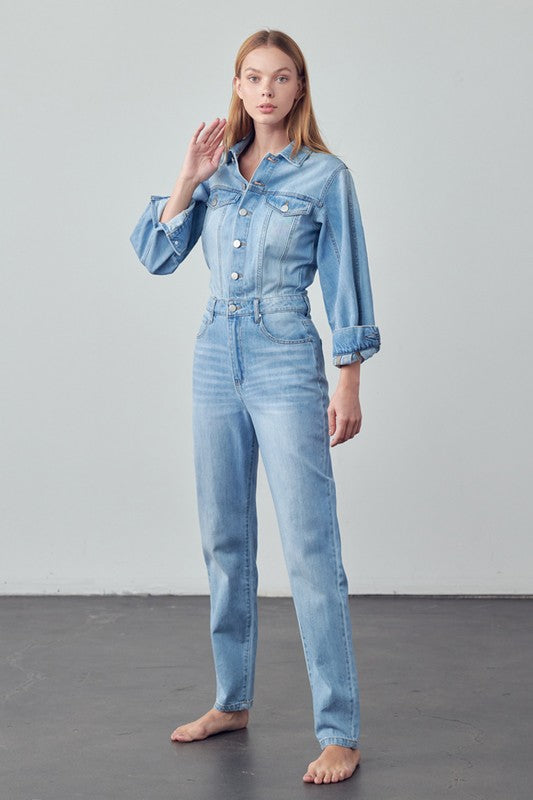 Medium High Waist Flap Pocket Half Button Denim Jumpsuit 1