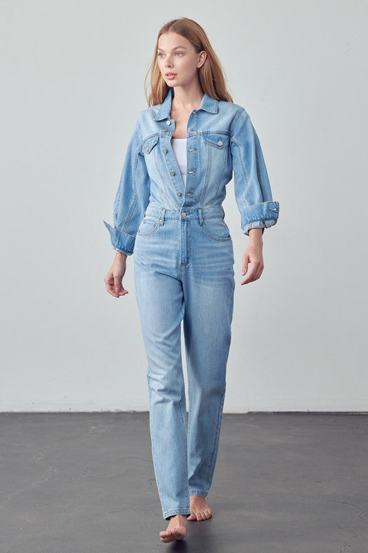 Medium High Waist Flap Pocket Half Button Denim Jumpsuit 1