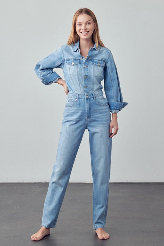 High Waist Flap Pocket Half Button Denim Jumpsuit 1