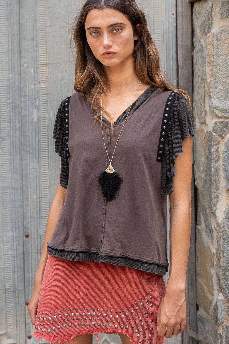 Stone Brown Studded Flutter Sleeve T Shirt